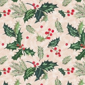 Holly and Pine on beige with white hashmarks