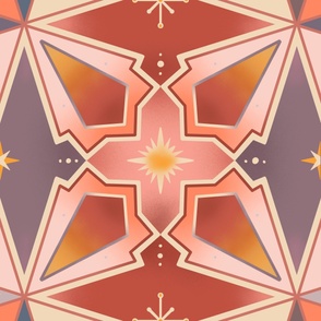 Geometric neogothic style four leaf flower. Orange shades.  Colorful, midcentury shaded gradient pattern. Big  scale.