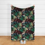 (XL) Boho Pink and Green Watercolor Monstera Leaves Extra Large
