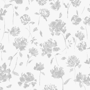 (L) Delicate Peony Flowers in Light Grey and White | Large Scale