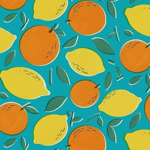 retro summer fruit of citrus tangerine orange and lemon blue background large scale