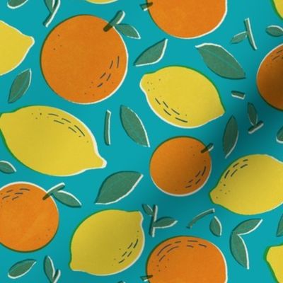 retro summer fruit of citrus tangerine orange and lemon blue background medium scale