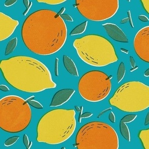 retro summer fruit of citrus tangerine orange and lemon blue background medium scale