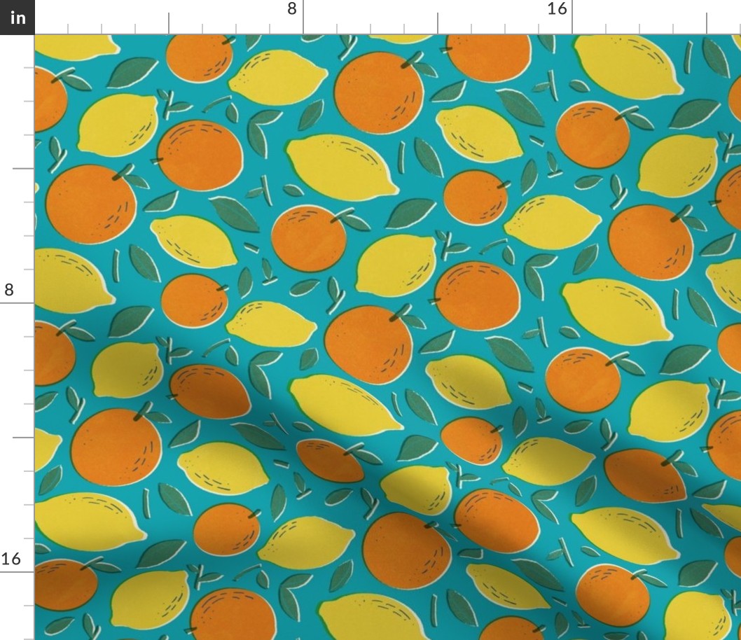 retro summer fruit of citrus tangerine orange and lemon blue background medium scale