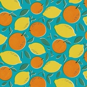 retro summer fruit of citrus tangerine orange and lemon blue background small scale