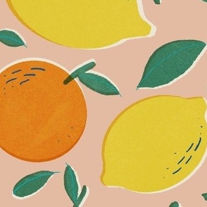retro summer fruit of citrus tangerine orange and lemon pink background large scale