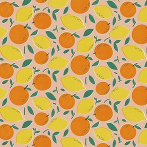 retro summer fruit of citrus tangerine orange and lemon pink background medium scale