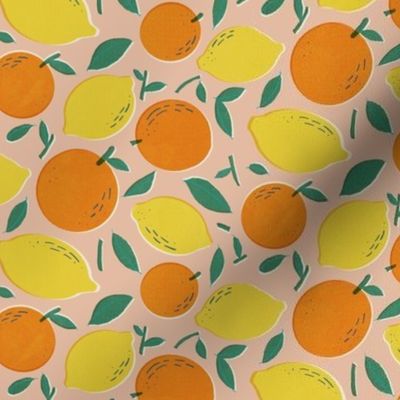 retro summer fruit of citrus tangerine orange and lemon pink background small scale