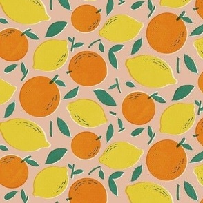 retro summer fruit of citrus tangerine orange and lemon pink background small scale