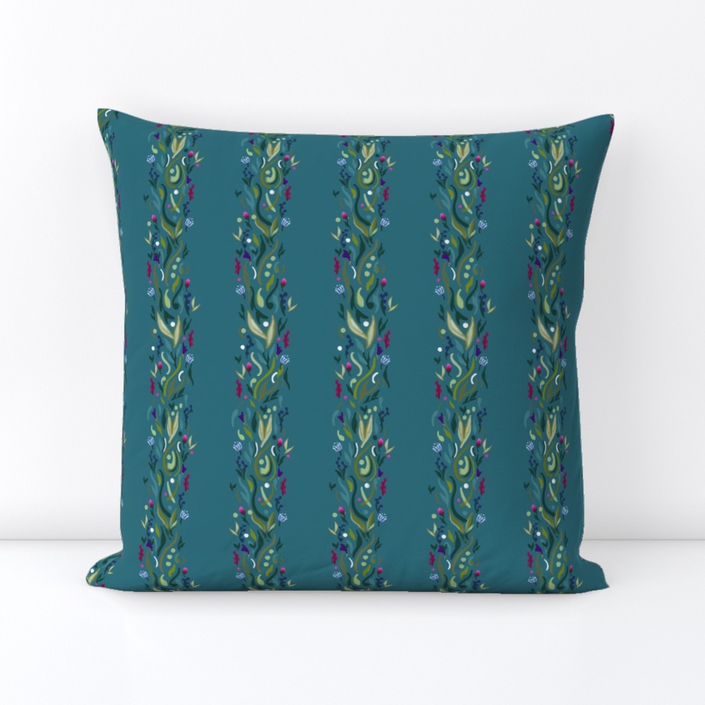 Teal, Blue, Green, Purple, Floral, Flowers, Stripes, Striped, Leaves, coordinate to pink ribbon hummingbird collection_ jg_anchor_designs, #floral #stripe #flowers #teal