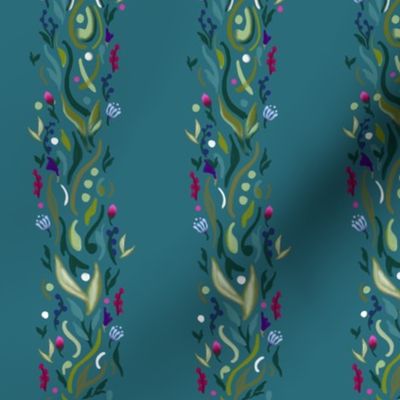 Teal, Blue, Green, Purple, Floral, Flowers, Stripes, Striped, Leaves, coordinate to pink ribbon hummingbird collection_ jg_anchor_designs, #floral #stripe #flowers #teal