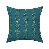 Teal, Blue, Green, Purple, Floral, Flowers, Stripes, Striped, Leaves, coordinate to pink ribbon hummingbird collection_ jg_anchor_designs, #floral #stripe #flowers #teal
