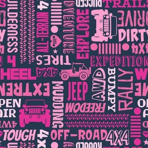 Large Scale 4x4 Adventures Word Cloud Jeep Off Road Vehicles in Pink and Navy