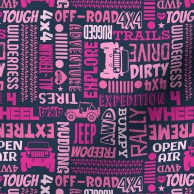 Medium Scale 4x4 Adventures Word Cloud Jeep Off Road Vehicles in Pink and Navy