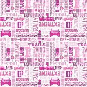 Small Scale 4x4 Adventures Word Cloud Jeep Off Road Vehicles in Pink