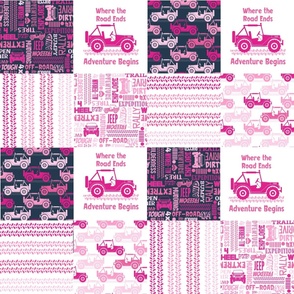 Bigger Patchwork 6" Squares 4x4 Adventures Off Road Jeep Vehicles in Navy and Pink for Cheater Quilt or Blanket