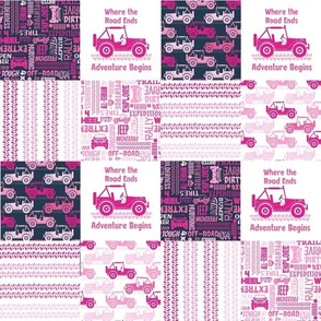 Smaller Patchwork 3" Squares 4x4 Adventures Off Road Jeep Vehicles in Navy and Pink for Cheater Quilt or Blanket