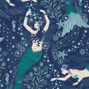 Dance of the Mermaids - Coastal Chic - Classic Navy and Sea Green - extra large