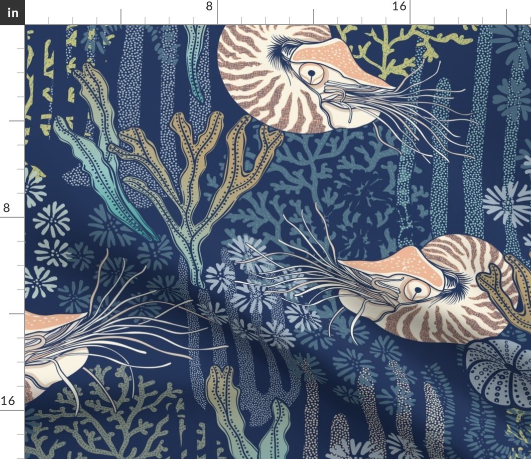 Nautilus - the living fossil - Coastal Chic - classic navy, admiral blue, opal green and pastel salmon - jumbo