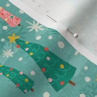 Merry Snowmen in Winter Christmas Tree Forest | Teal Merry and Bright Cardinals Snowflakes