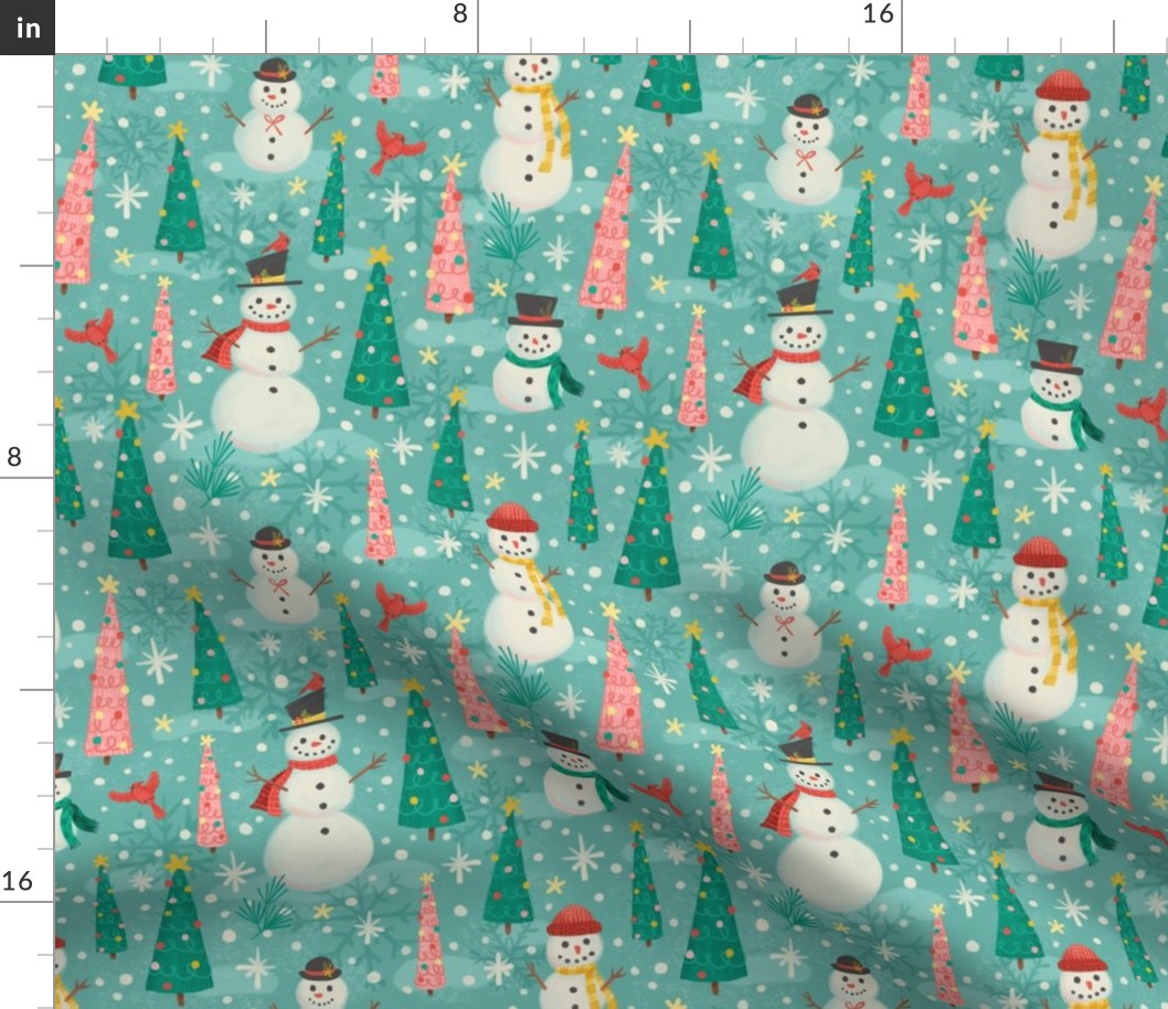 Merry Snowmen in Winter Christmas Tree Forest | Teal Merry and Bright Cardinals Snowflakes
