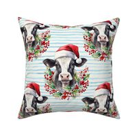 watercolor chritmas cow print , cow head with jolly blue stripes WB23 large scale