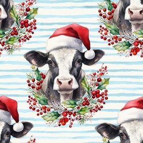 watercolor chritmas cow print , cow head with jolly blue stripes WB23 large scale