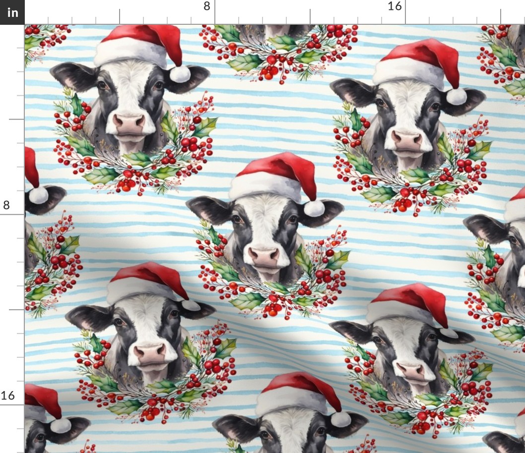 watercolor chritmas cow print , cow head with jolly blue stripes WB23 large scale
