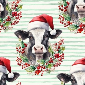 watercolor chritmas cow print , cow head with jolly green stripes WB23 large scale