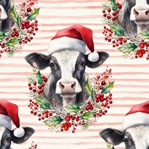 watercolor chritmas cow print , cow head with jolly red stripes WB23 large scale