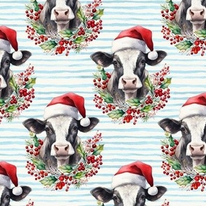watercolor chritmas cow print , cow head with jolly blue stripes WB23 medium scale