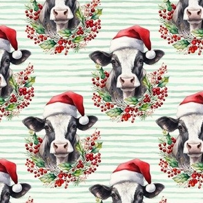 watercolor chritmas cow print , cow head with jolly green stripes WB23 medium scale