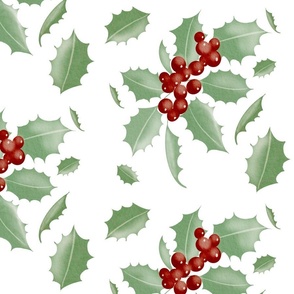 "Yuletide Elegance: White Christmas Decor with Green Leaves and Red Fruits"