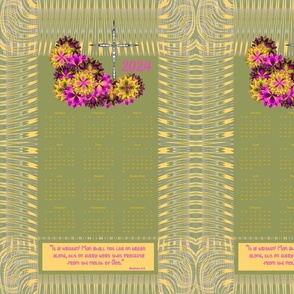 12x18_2024  Inspirational Tea Towel Calendar with Floral Arrangement, Cross, & Matthew 4:4 in Green, Yellow, & Hot Pink