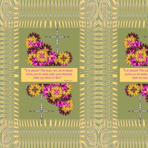 12x18_Inspirational Tea Towel with Floral Arrangement, Cross, & Matthew 4:4 in Green, Yellow, & Hot Pink