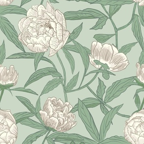 Blooming Peonies - neutral on light green