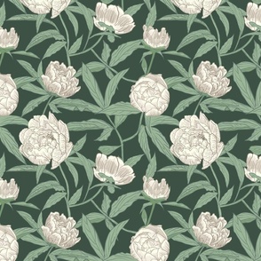Blooming Peonies Moody Florals - neutral on dark green Small