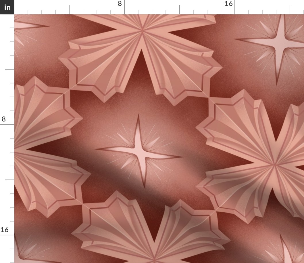 Geometric neogothic style four leaf flower. Terracota shades 3d pattern. Medium scale.