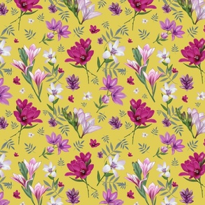 purple  and mauve flowers on a yellow ochre background