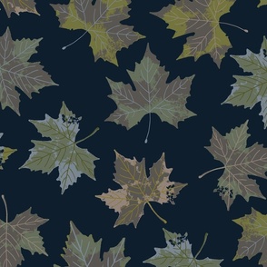 Maple Leaves - Navy Blue, Green & Taupe Spring - Oslo Fjord Collection