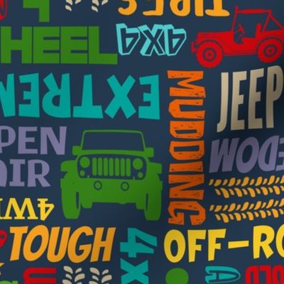 Large Scale 4x4 Adventures Word Cloud Off Road Jeep Vehicles Colorful Neutral Rainbow on Navy