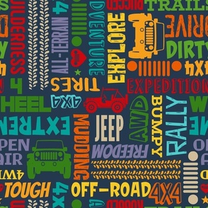 Large Scale 4x4 Adventures Word Cloud Off Road Jeep Vehicles Colorful Neutral Rainbow on Navy