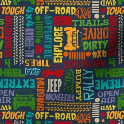 Medium Scale 4x4 Adventures Word Cloud Off Road Jeep Vehicles Colorful Neutral Rainbow on Navy