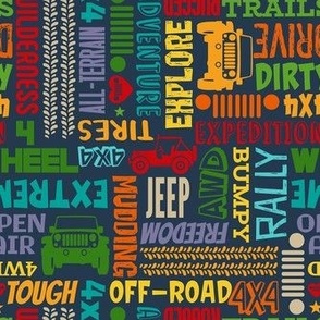 Medium Scale 4x4 Adventures Word Cloud Off Road Jeep Vehicles Colorful Neutral Rainbow on Navy