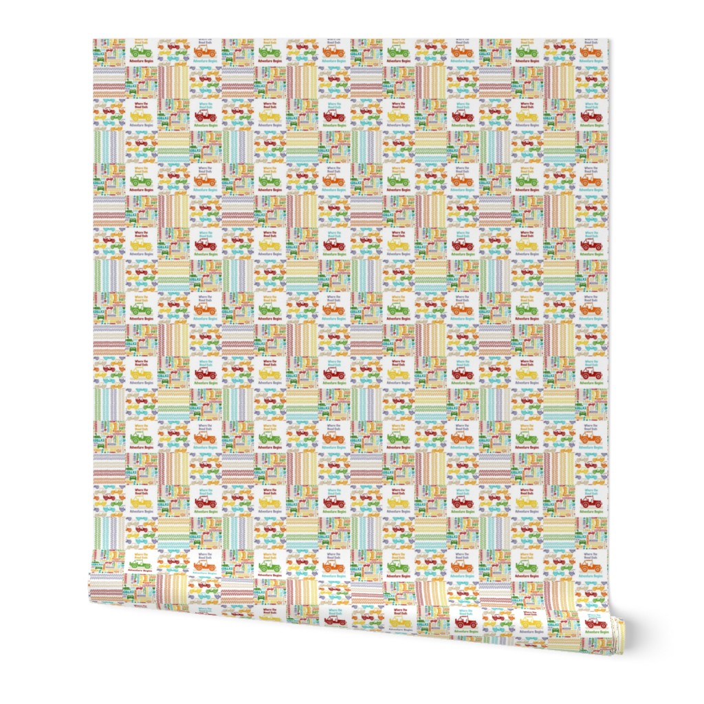 Smaller Patchwork 3" Squares 4x4 Adventures Off Road Jeep Vehicles in Colorful Neutral Rainbow for Cheater Quilt or Blanket