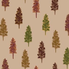 Spruce Tree Forest Autumn Fall - Neutral Beige, Maroon Red, Orange, Yellow & Green - Oslo Fjord Collection
