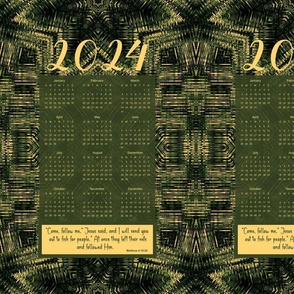 12x18_2024 Inspirational CalendarTea Towel Camo Green Straw Star Design & Matthew 4:19-20