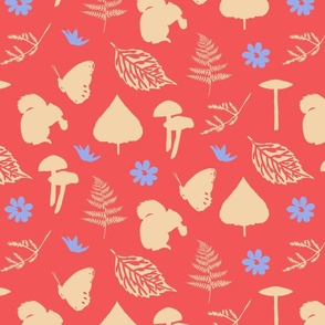 Forest Animals with Leaves Mushrooms Blue Daisies on a Coral Pink Background Large Scale