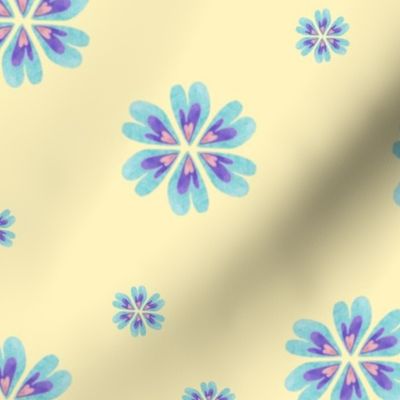 blue and purple heart flowers on a primrose yellow background