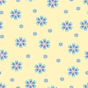 blue and purple heart flowers on a primrose yellow background